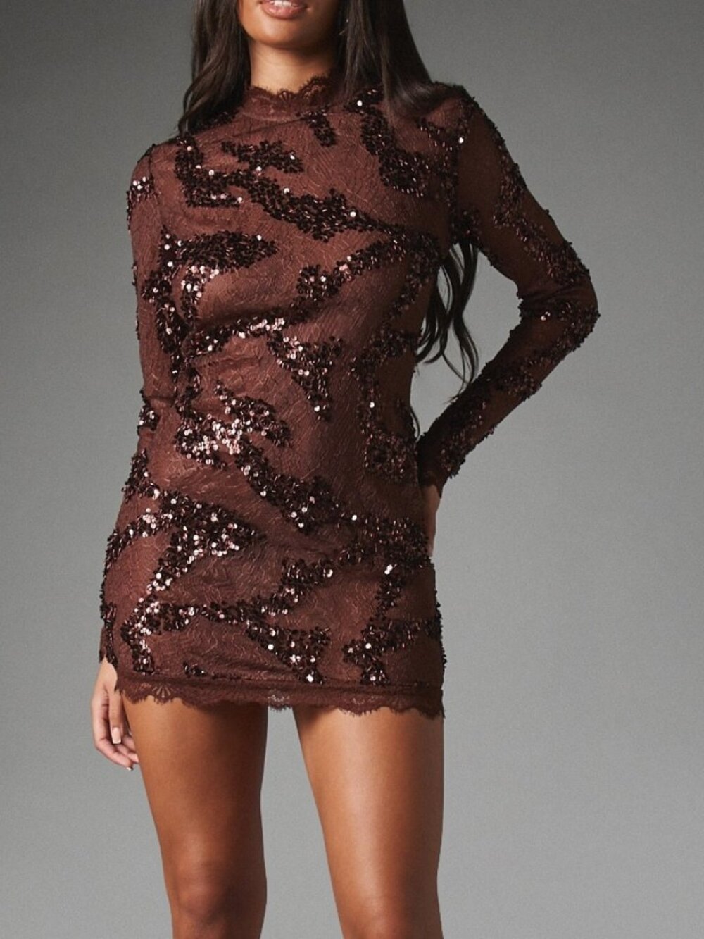 Chocolate Brown Party Women's Sequin Lace High Neck Mini Dress